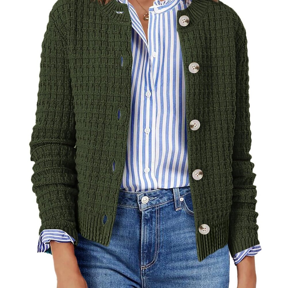 Chunky Knit Cropped Cardigan Button Down Crew Neck Open Front Y2k Chic
